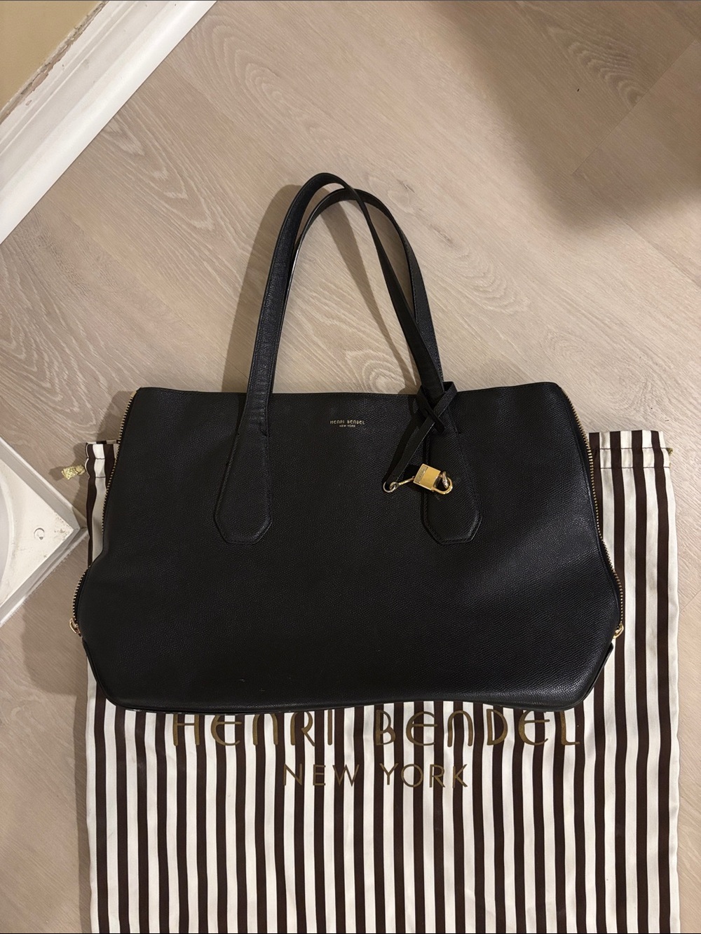 henri bendel Black Pebbled Leather Tote with Gold Padlock